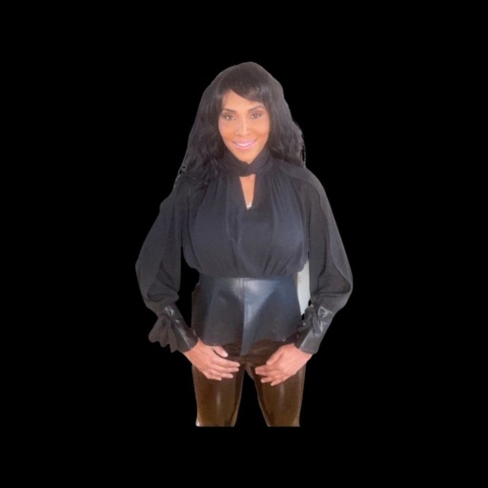 Gracia Small Long Sleeve Faux Leather Top Black NWT